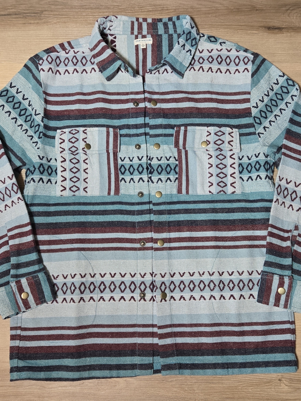 Men's Striped Aztec Snap-Front Shirt Jacket - Blue & Burgundy